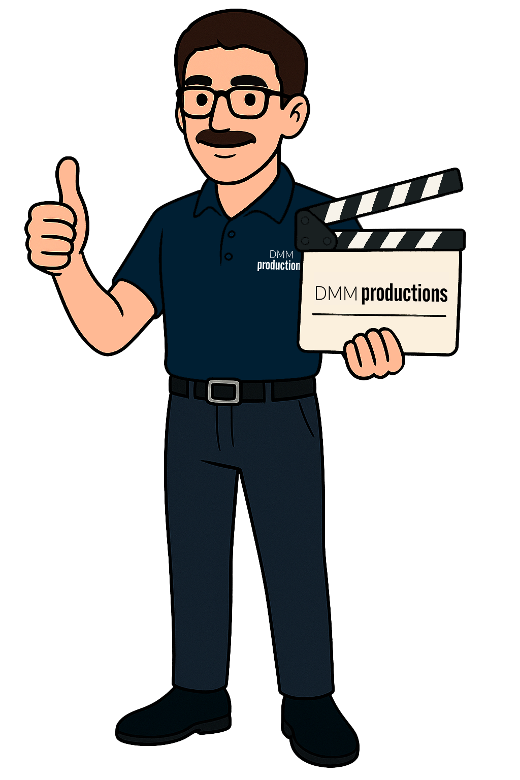Cartoon man with glasses and moustache holding a movie clapperboard labeled 'DMM productions' and giving a thumbs up. DMM Dak.