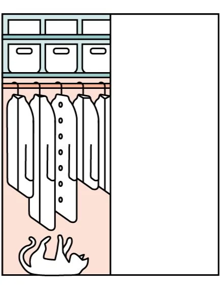 An illustration of a closet with hanging white robes, storage boxes on a shelf above, and a white cat lying on the pink floor.