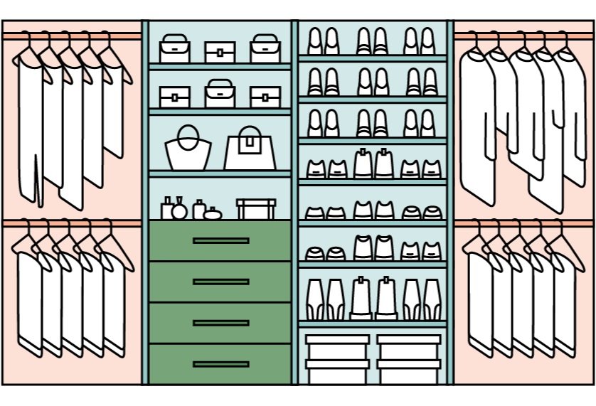 Illustration of an organized closet with hanging clothes, shoes, handbags, and storage drawers.