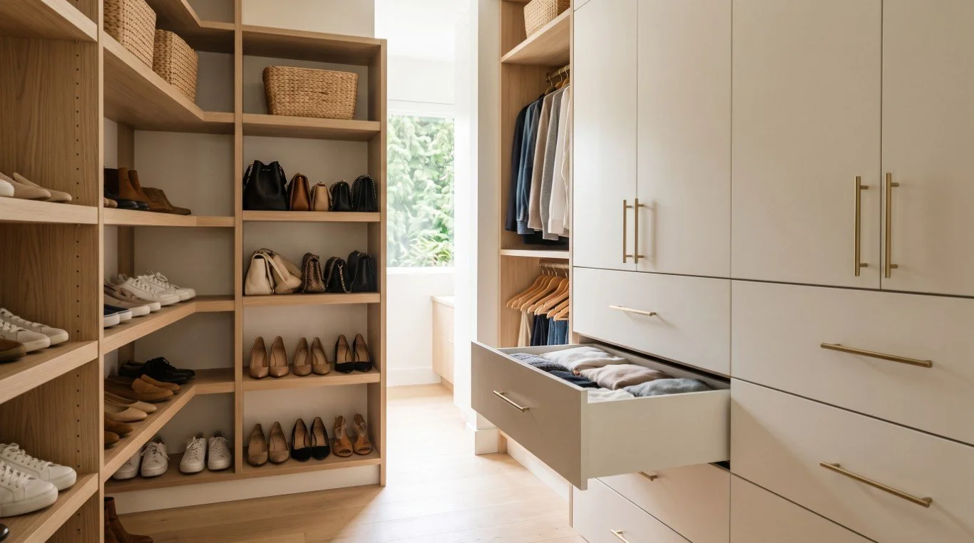 Custom walk-in closet with open shelving for shoes and handbags beside closed drawers for folded clothing