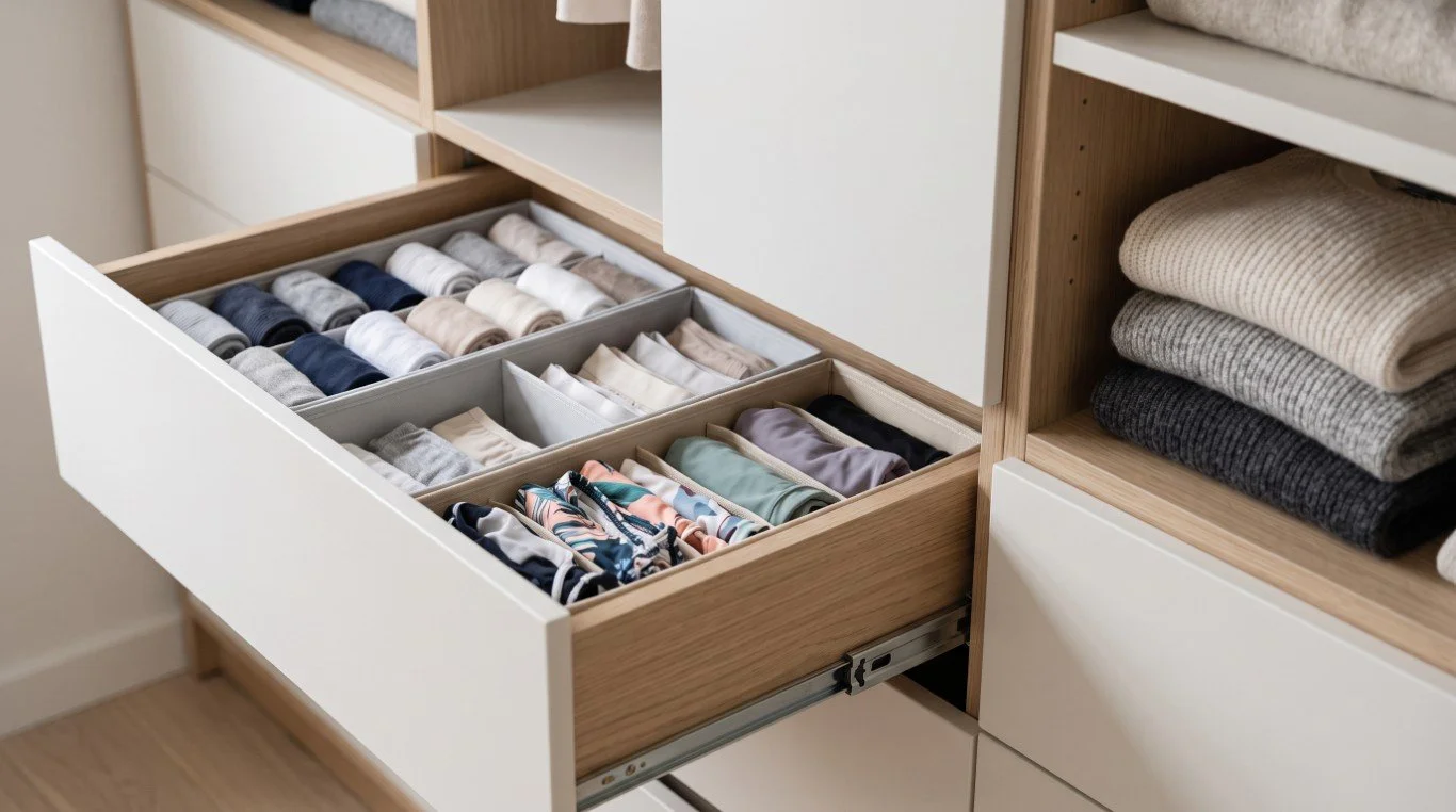 Closed closet drawer with dividers organizing socks and underwear next to an open shelf of stacked sweaters