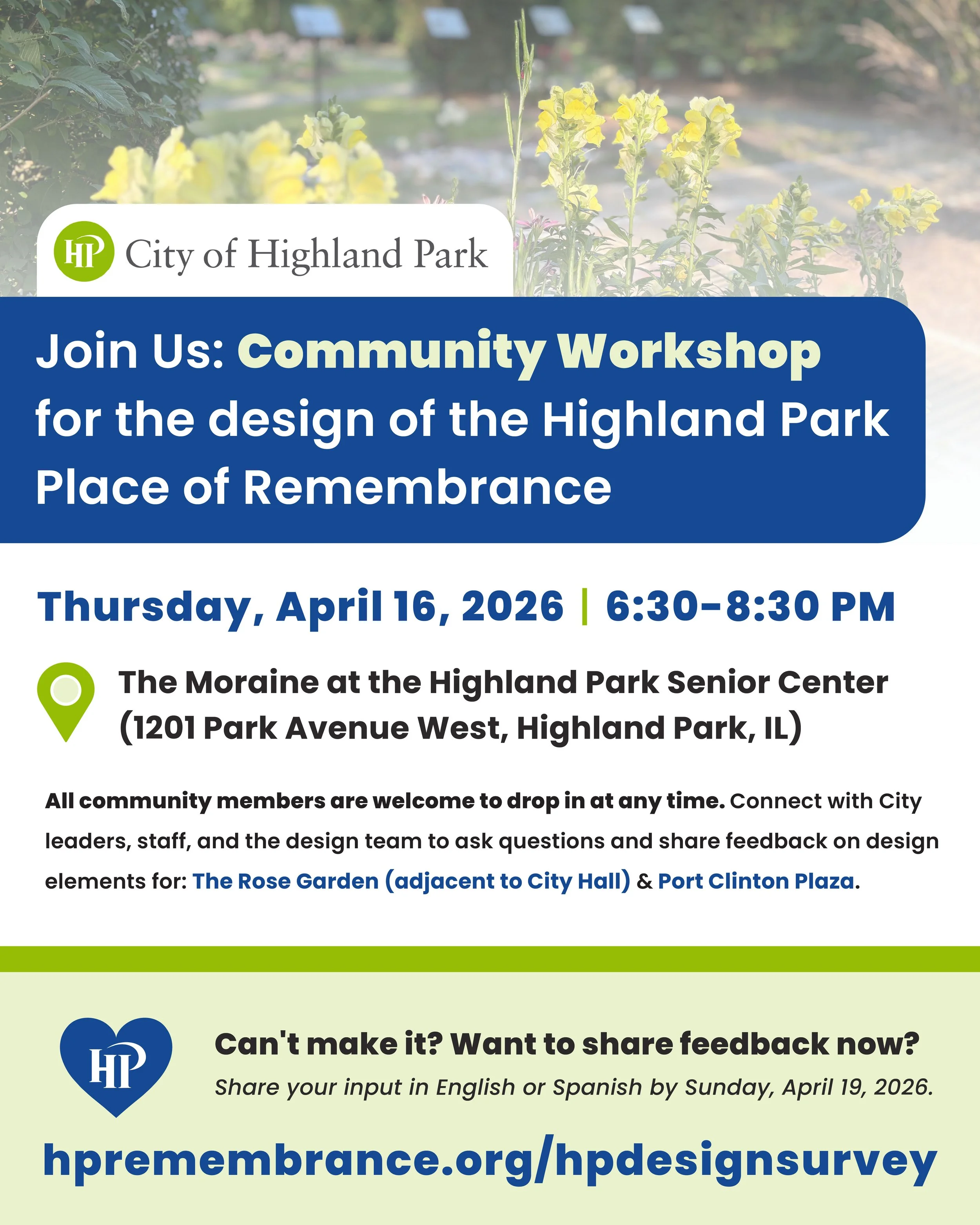 Social Graphic image in potrait that reads join us for the Community Workshop for the design place of the Highland Park Place of Remembrance