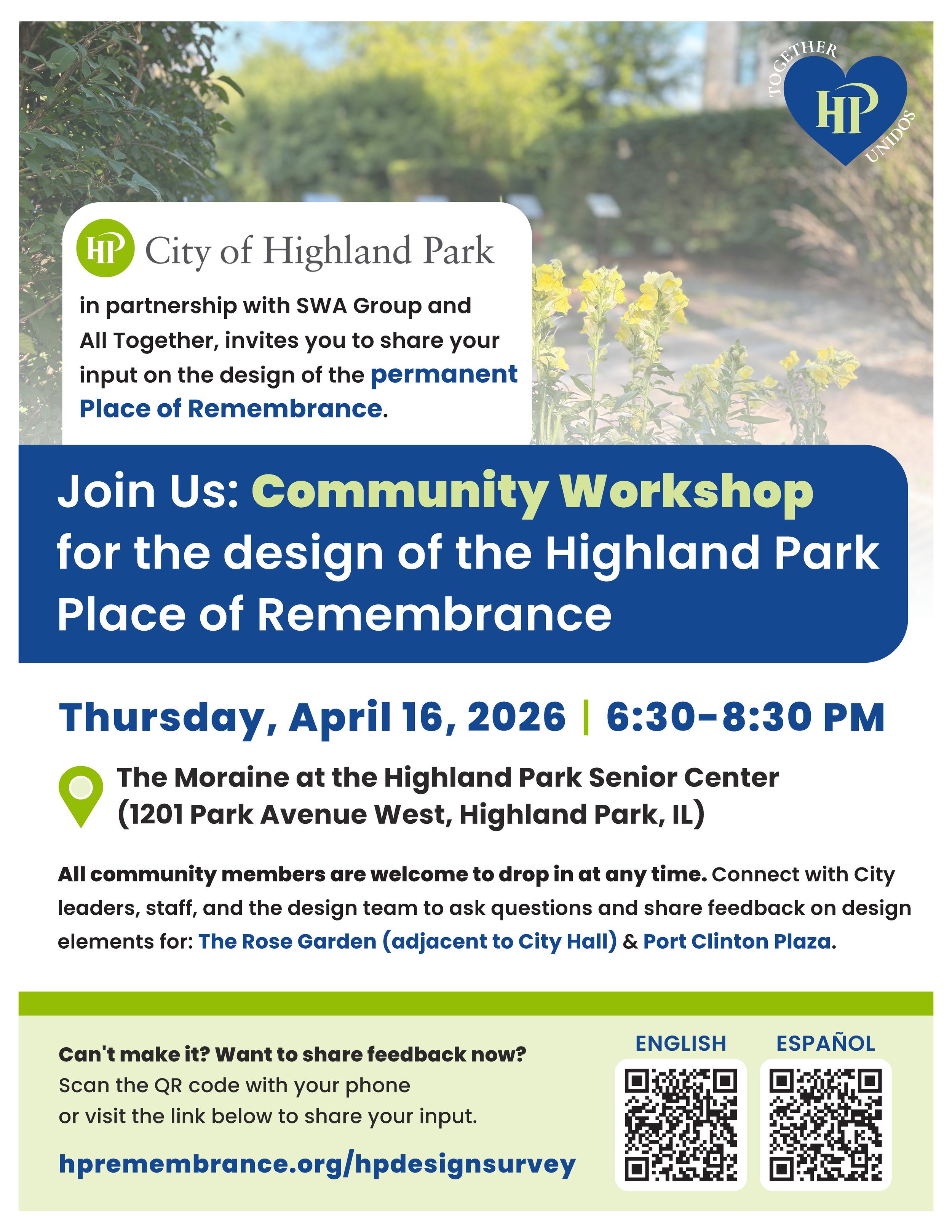 Flyer image that reads join us for the Community Workshop for the design place of the Highland Park Place of Remembrance