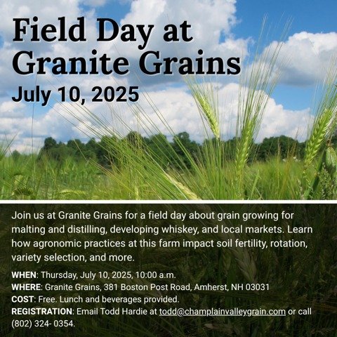 Join us at Granite Grains for a field day about grain growing for malting and distilling, developing whiskey, and local markets. Learn how agronomic practices at thsi farm impact soil fertility, rotation, variety selection, and more. 

Thursday, July
