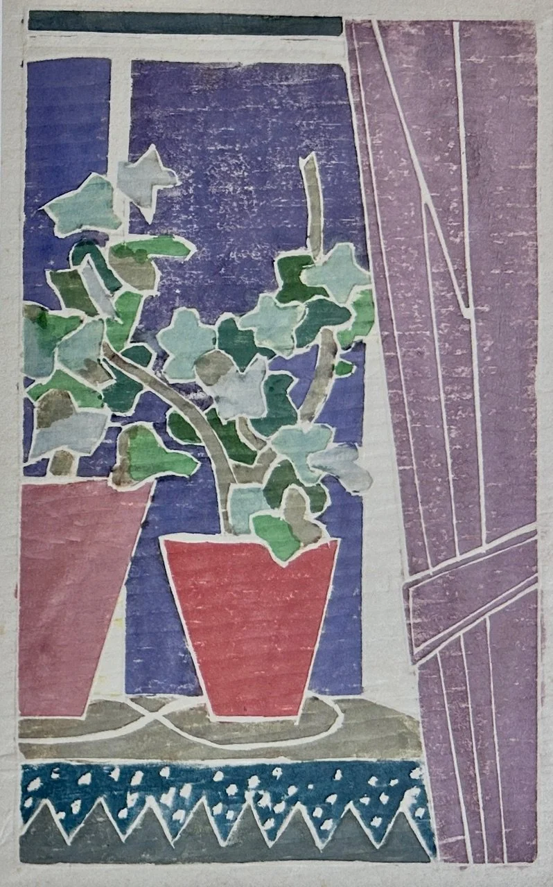 Karl Knaths (1891-1971) Geranium at Night Window, 1932, white-line wood block print, 8 x 5"
