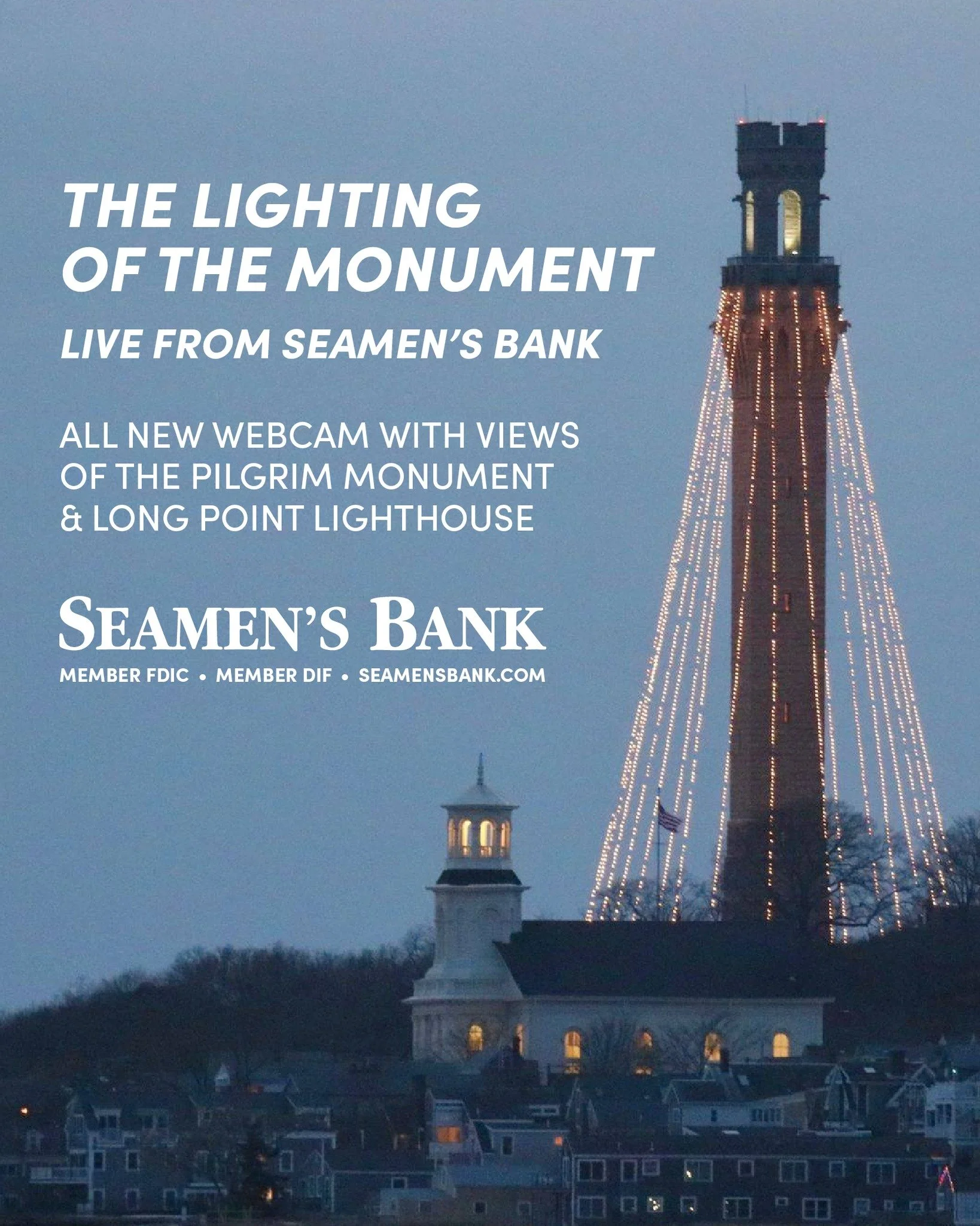 TONIGHT! The Annual Lighting of @thepilgrimmonument ✨ For those who aren't able to attend, no need to worry! You can watch the lighting LIVE from the all new @seamensbank webcam, with views of both the monument and Long Point Lighthouse! ✨ provinceto