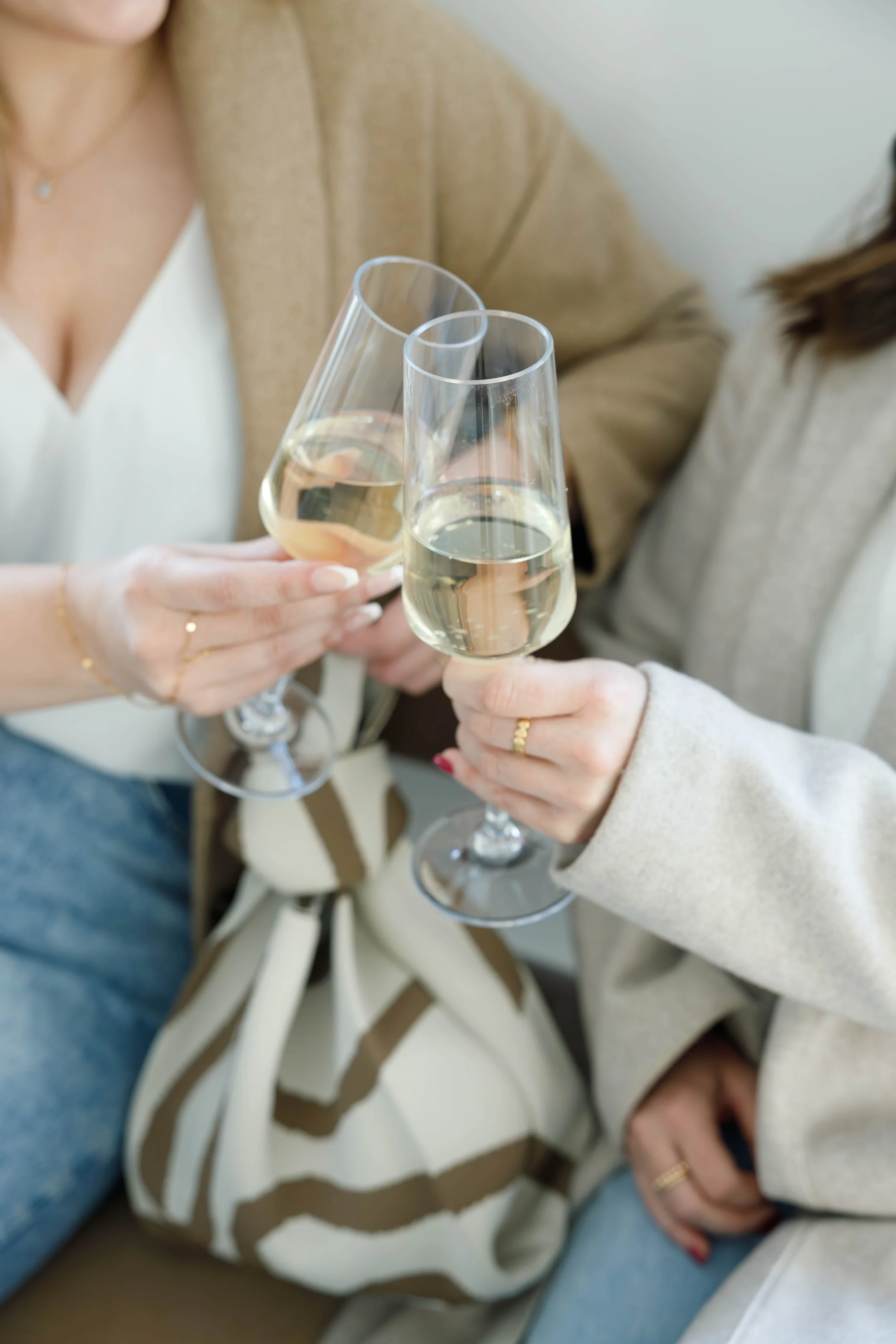 Two women clinking glasses of white wine or champagne.