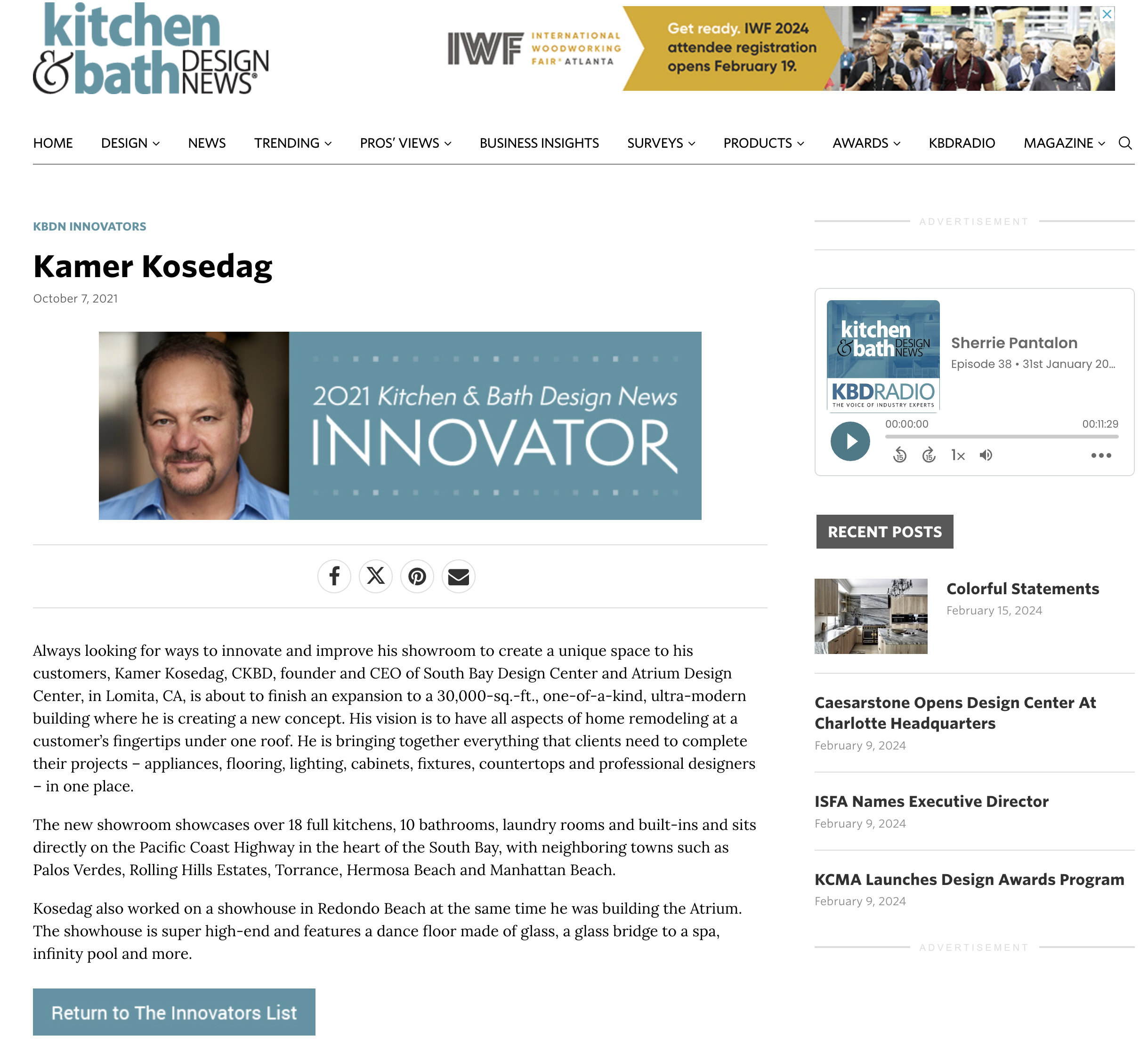 Screenshot of a webpage featuring an article about Kamer Kosedag, a finalist in the 2021 Kitchen & Bath Design News Innovator awards. The page includes a photo of Kamer Kosedag, a title, publication date, share icons, a podcast player, recent posts, and a button to return to the list of innovators.