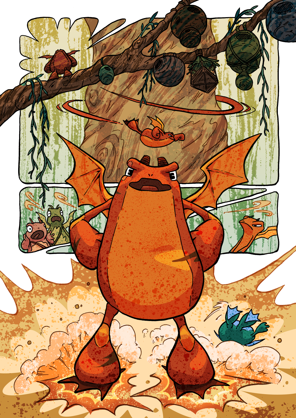 Textured digital comic page, a fantasy creature (llamhigyn y dwr) flying down from a tree