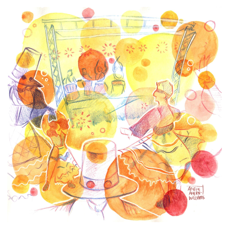 Pencil and watercolour sketch of Welsh folk dance troupe, Qwerin