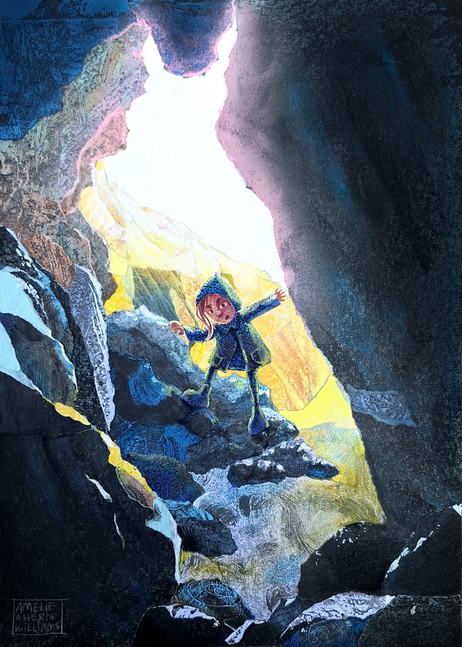 Children's illustration, Solva / Solfach sea cave, traditional paper cut collage