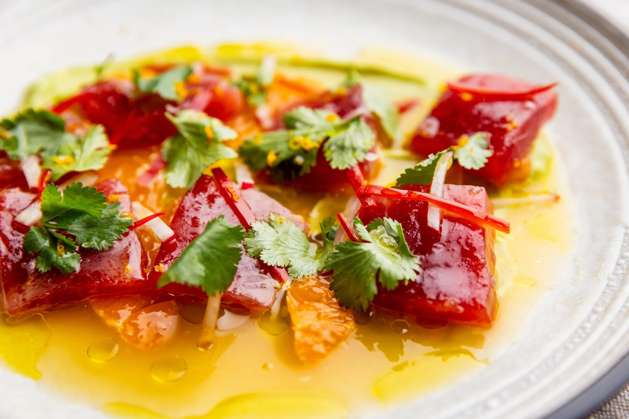 Close-up of tuna tartare garnished with cilantro and sliced onions on a white plate, with olive oil drizzled around.