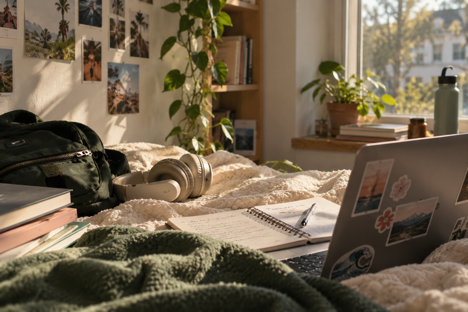 A cozy bedroom workspace during daytime with a bed, a laptop decorated with stickers, open notebooks, a pen, over-ear headphones, a backpack, and various books. Sunlight filters through a window, illuminating potted plants, a bookshelf, and wall photos of nature scenes.