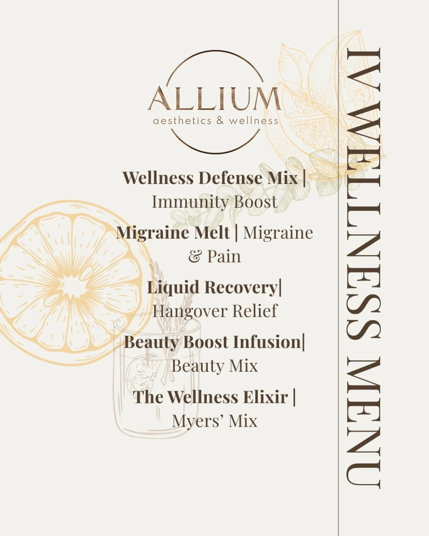 Our IV Wellness Menu is here!
From immune support to glowing skin, each infusion is designed with the Allium experience in mind.

Full menu is live on our website now. Which one are you trying first?

Brand Management by @buttereightco 
.
.
.
.
.
.
.