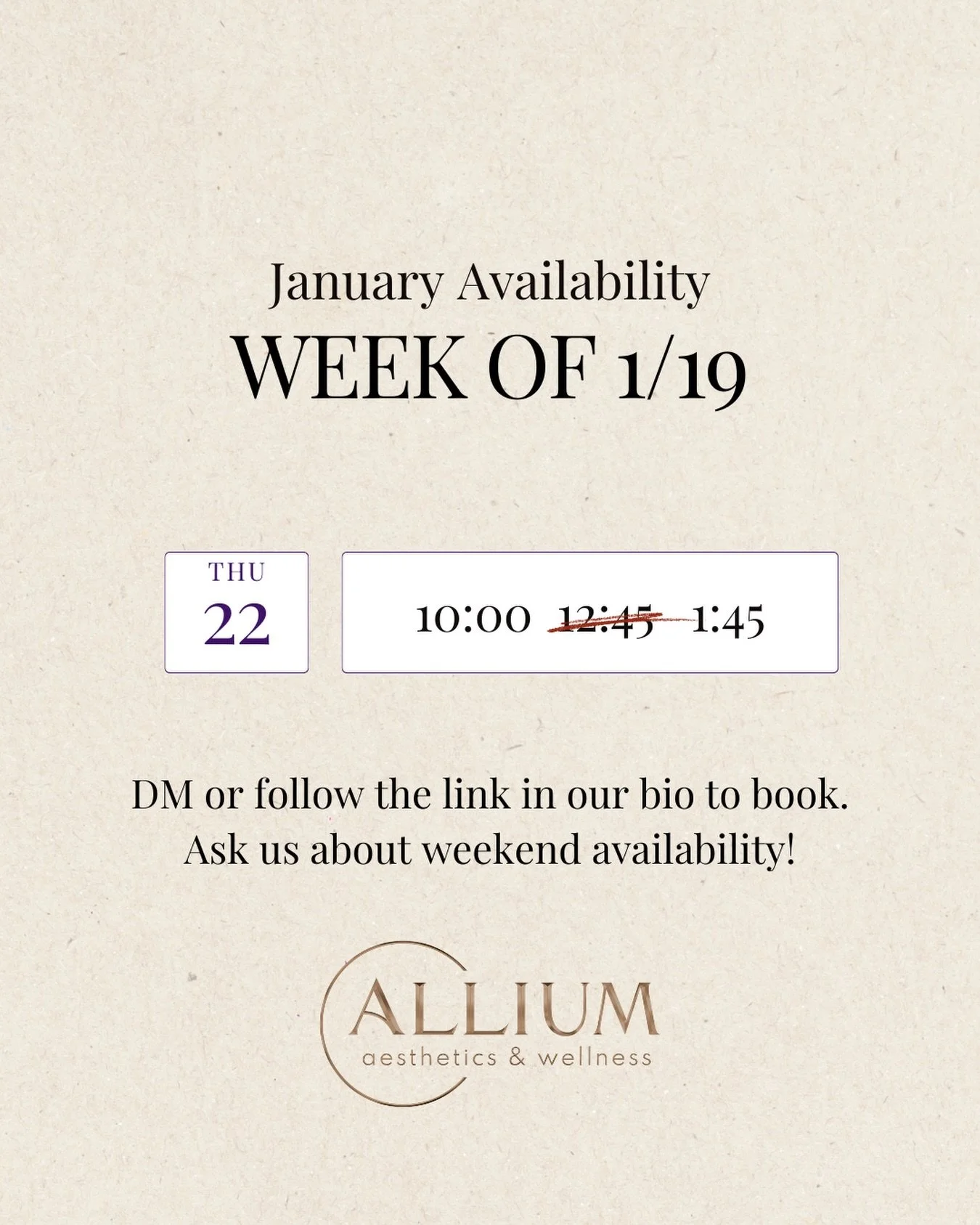 A look at this next week at Allium. 🤍

We&rsquo;re now booking appointments for the week ahead, with availability for injectables, microneedling, dermal fillers, and IV hydration. Every visit is guided by thoughtful consultation, advanced technique,