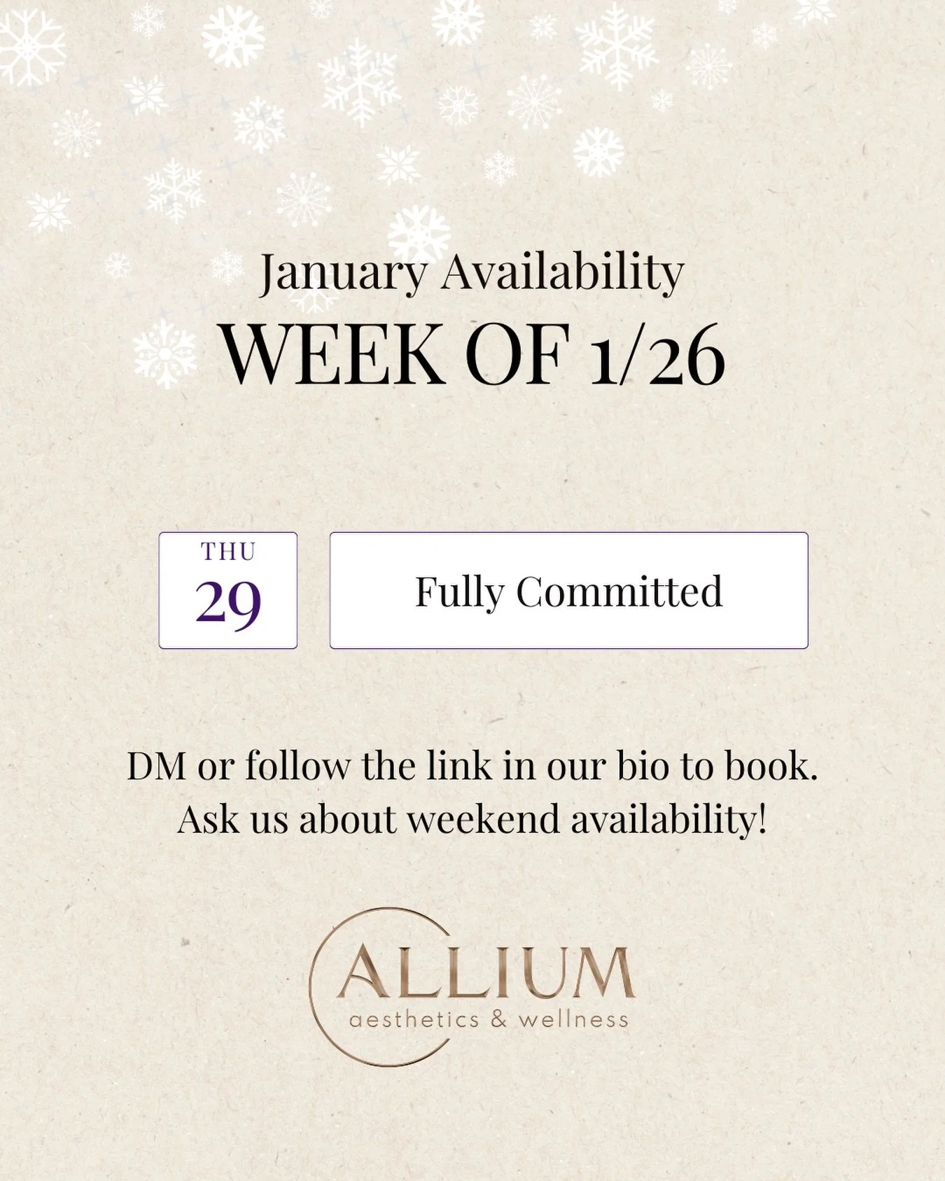 Aesthetic and wellness journeys are best when they are planned with intention. 

As we move through our current schedule for the week of 1/26, we want to keep you informed so you can prioritize your restorative care without the rush.

Current Status: