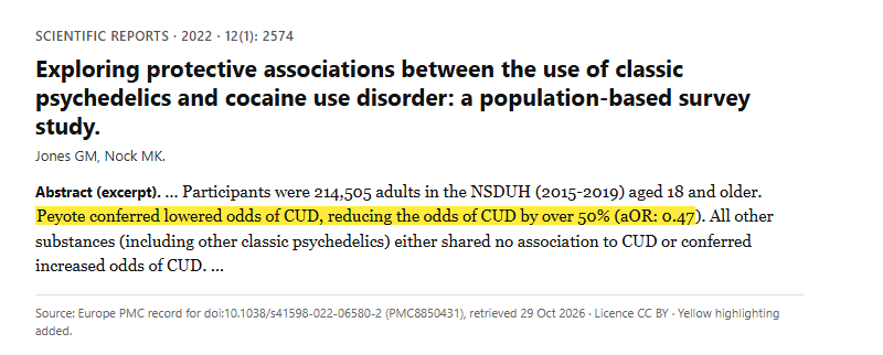 Study 6. Population survey of lifetime peyote use and cocaine use disorder in 214,505 US adults (Jones, 2022)