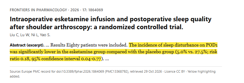 Study 4. Randomized, double-blind trial of esketamine during surgery versus placebo in 80 patients with sleep disturbance having shoulder arthroscopy (Liu, 2026)