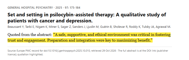 Study 29. Qualitative study of set and setting with 28 patients with cancer and depression in a psilocybin trial (Beaussant, 2025)
