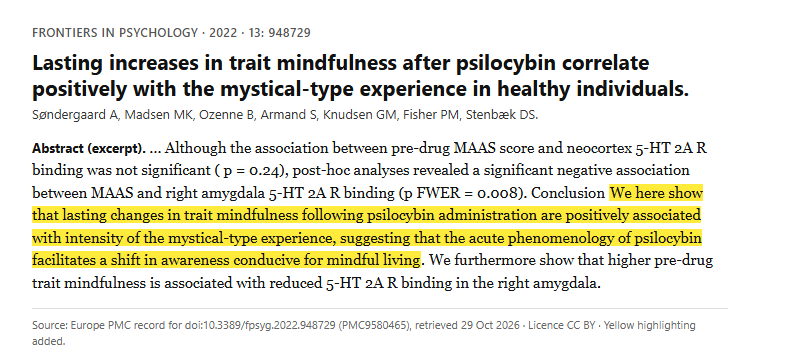 Study 7. Psilocybin sessions and trait mindfulness three months later in 39 healthy volunteers (Søndergaard, 2022)