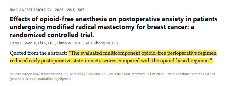 Study 13. Randomized trial of an esketamine-containing opioid-free anaesthesia regimen in 106 patients having mastectomy for breast cancer (Deng, 2026)