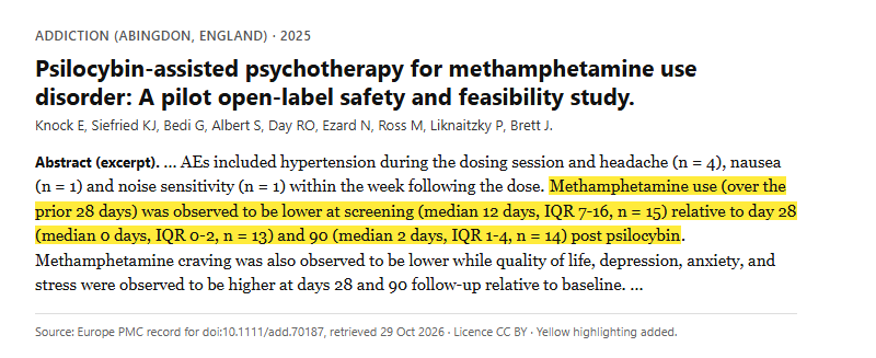 Study 5. Open-label pilot of psilocybin-assisted psychotherapy in 15 people with methamphetamine use disorder (Knock, 2025)