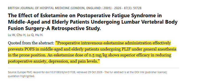 Study 15. Retrospective study of preoperative esketamine in 105 middle-aged and elderly patients having lumbar fusion surgery (Lu, 2026)
