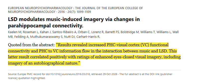 Study 6. Placebo-controlled brain imaging of LSD and music listening in twelve healthy volunteers (Kaelen, 2016)