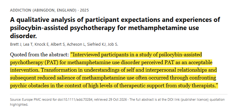Study 10. Qualitative interview study of psilocybin-assisted psychotherapy in twelve people with methamphetamine use disorder (Brett, 2025)