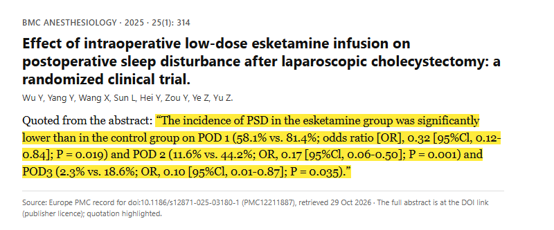 Study 16. Double-blind placebo-controlled trial of esketamine in eighty-six people having gallbladder surgery (Wu, 2025)