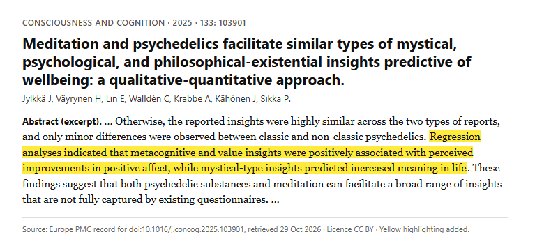 Study 5. Mixed-methods study of insights from 147 psychedelic and 66 meditation experiences (Jylkkä, 2025)