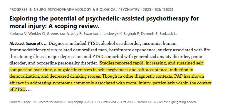 Study 2. Scoping review of ten psilocybin, MDMA and LSD therapy studies relevant to moral injury (Kurkova, 2025)