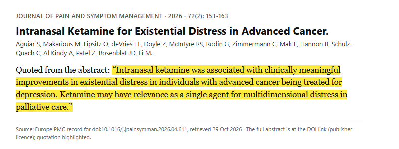 Study 19. Intranasal ketamine for existential distress in 15 patients with advanced cancer in palliative care (Aguiar, 2026)