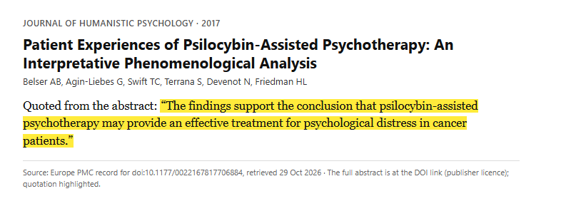 Study 3. In-depth interviews after psilocybin-assisted psychotherapy with 13 adults with cancer-related anxiety (Belser, 2017)