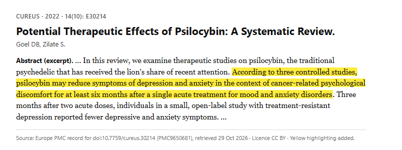 Study 25. Systematic review of the therapeutic effects of psilocybin, including three controlled studies in cancer-related distress (Goel, 2022)
