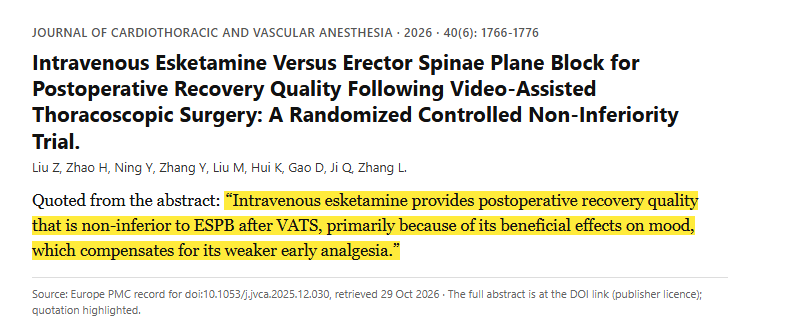 Study 11. Randomized non-inferiority trial of esketamine versus a nerve block in one hundred twelve patients having thoracoscopic surgery (Liu, 2026)