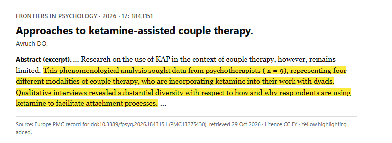 Study 5. Interviews with 9 psychotherapists using ketamine-assisted couple therapy (Avruch, 2026)