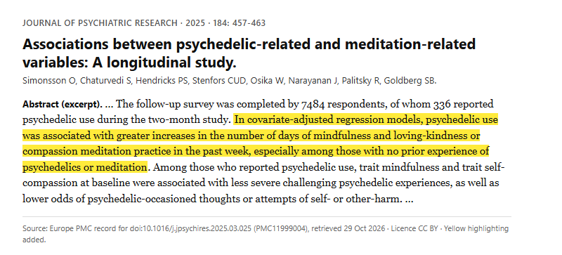 Study 3. Longitudinal survey of psychedelic use and meditation practice following 7484 US adults (Simonsson, 2025)
