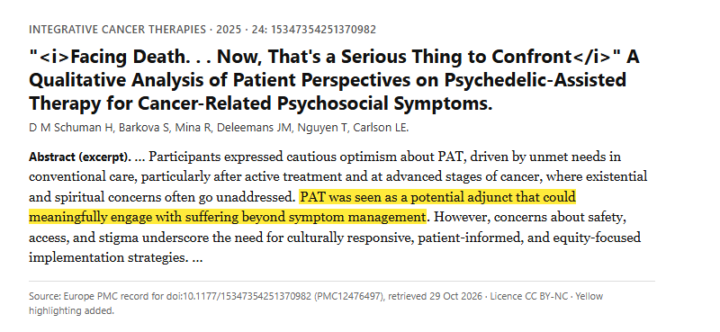 Study 21. Interviews about psychedelic-assisted therapy for existential distress with fifteen people living with cancer (Schuman, 2025)