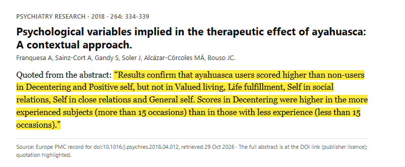 Study 10. Decentering and sense of self in 81 experienced ayahuasca users compared with 41 non-users (Franquesa, 2018)