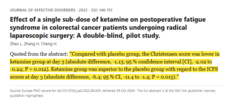 Study 8. Single-dose ketamine compared with placebo for post-surgery fatigue in colorectal cancer patients (Zhao, 2022)