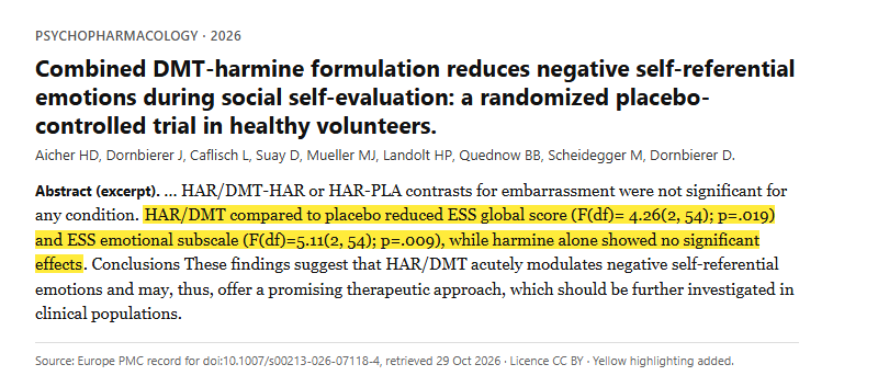 Study 1. Ayahuasca-inspired DMT-harmine formulation compared with placebo in 28 healthy volunteers facing their own singing (Aicher, 2026)