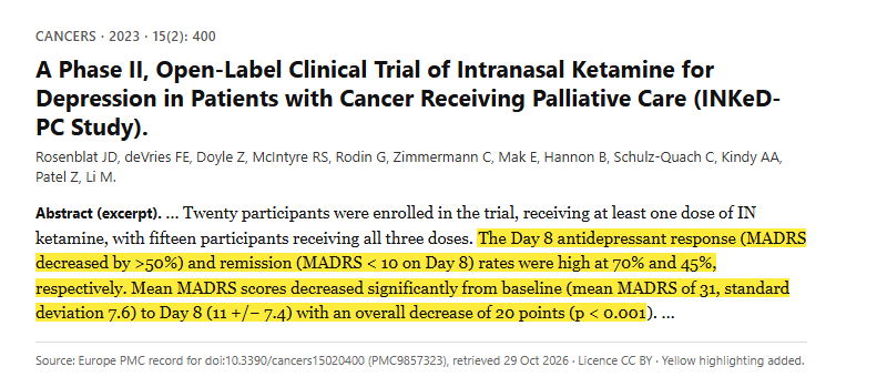 Study 2. Intranasal ketamine for major depression in 20 patients with advanced cancer receiving palliative care (Rosenblat, 2023)