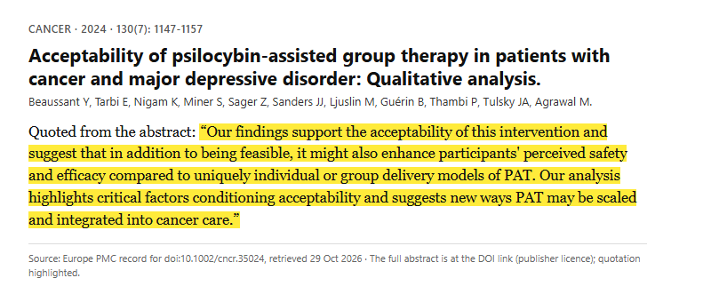 Study 23. Exit interviews on psilocybin-assisted group therapy with 28 patients with cancer and major depression (Beaussant, 2024)