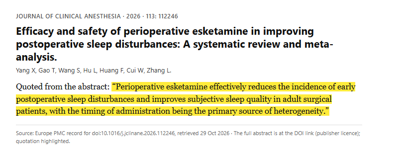 Study 12. Meta-analysis of esketamine around surgery in 1956 patients from 14 randomized trials (Yang, 2026)
