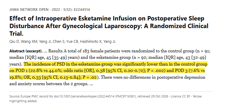 Study 2. Esketamine during surgery compared with saline placebo in 183 women having gynecological laparoscopy (Qiu, 2022)