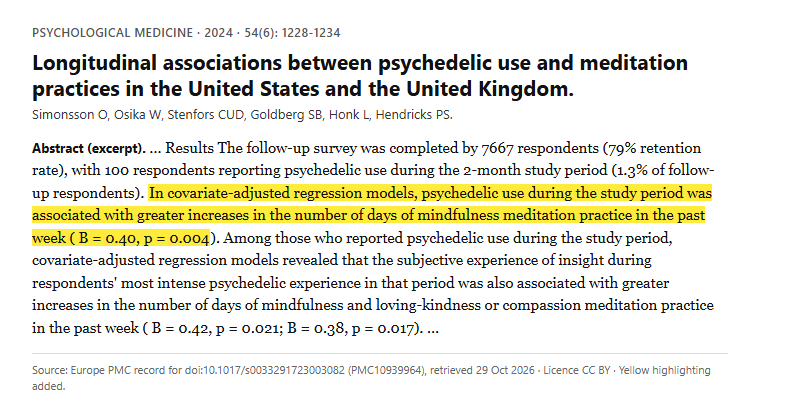 Study 9. Longitudinal study of psychedelic use and meditation practice in 9732 adults, 100 of whom used psychedelics, in the United States and United Kingdom (Simonsson, 2024)