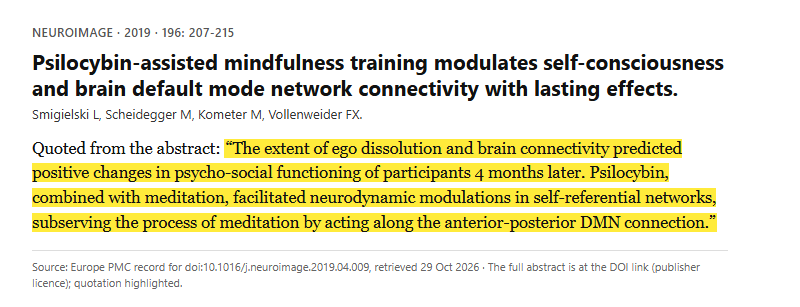 Study 1. Psilocybin versus placebo during a 5-day mindfulness retreat in 38 participants (Smigielski, 2019)