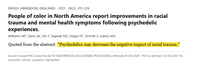Study 1. Survey of psilocybin, LSD and MDMA experiences in 313 people of color who had faced racism (Williams, 2021)
