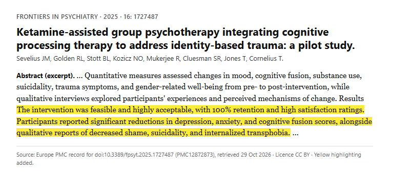 Study 5. Group ketamine-assisted psychotherapy with cognitive processing therapy in eight transgender and gender-expansive adults (Sevelius, 2025)